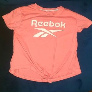 Girls size 8 Reebok glitter white writing  Coral colored top